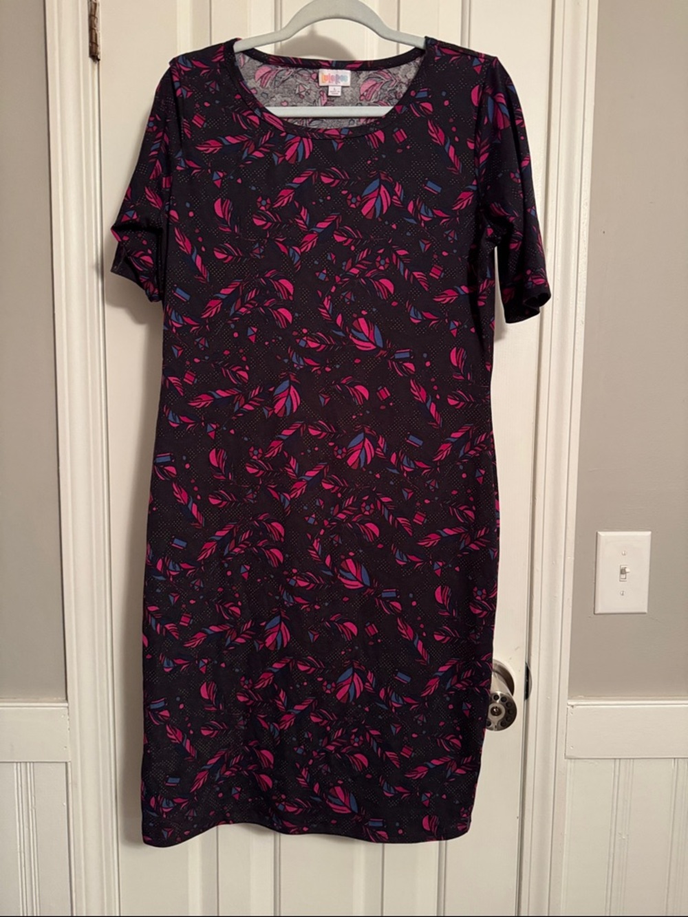 LuLaRoe Black Midi Dress with Pink & Blue Leaf Motif